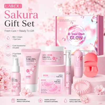 LAIKOU Nhật Bản Sakura Chăm Sóc Da 9 Chiếc Bộ Sữa Rửa Mặt Da Sương Dưỡng Ẩm Kem Con Lăn Mắt Son Dưỡng Môi Mặt nạ Bàn Chải Ngón Tay Màu Hồng Dây Buộc Tóc