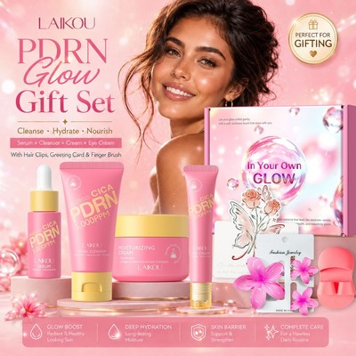 LAIKOU PDRN Cica Chăm Sóc Da 8 Chiếc Bộ Sữa Rửa Mặt Serum Kem Dưỡng Ẩm Con Lăn Mắt Bàn Chải Ngón Tay Hồng Thẻ Cầm Hoa