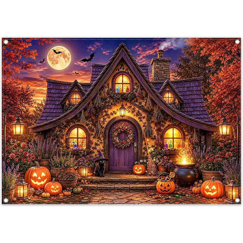 Phông nền chụp ảnh ngôi nhà phù thủy ma thuật Halloween 7x5ft | Fall Pumpkin Yellow Full Moon Night 