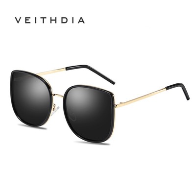 VEITHDIA Kính râm mặt trời lớn bằng kim loại thời trang mới HD Kính râm mắt mèo phân cực dành cho nữ GS6228