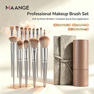 Set cọ trang điểm cá nhân MAANGE 14 cây màu xám bạc có bao da 1414