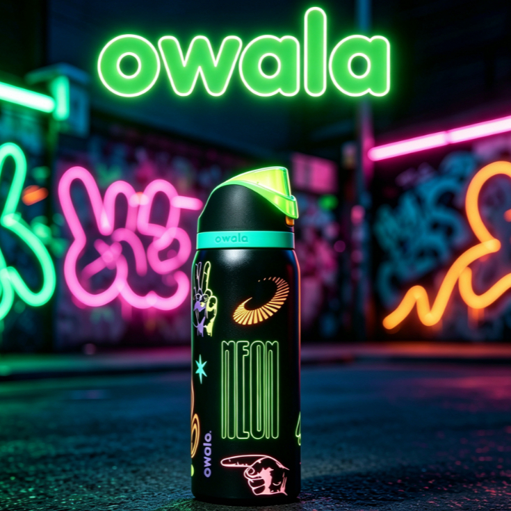 Cho Owala Neon Glow In The Dark Water Bottle 32oz, Cốc Inox Cách Nhiệt Graffiti Có Ống Hút Tích Hợp