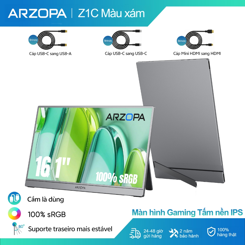Arzopa Z1C - Màn hình di động chân đế sRGB 16.1 ", FHD 1080P với màn hình USB C HDMI Màn hình mở rộng cho PC, Mac, Laptop, Switch, Xbox, PS4/ 5 | BigBuy360 - bigbuy360.vn