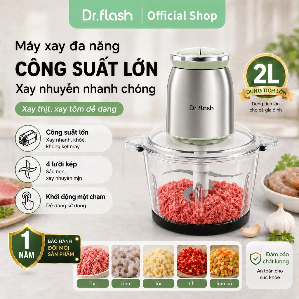 Drflash Máy xay thịt  2L cốc thủy tinh đa chức năng, máy nghiền tôm tỏi rau củ, bộ xử lý thực phẩm đ