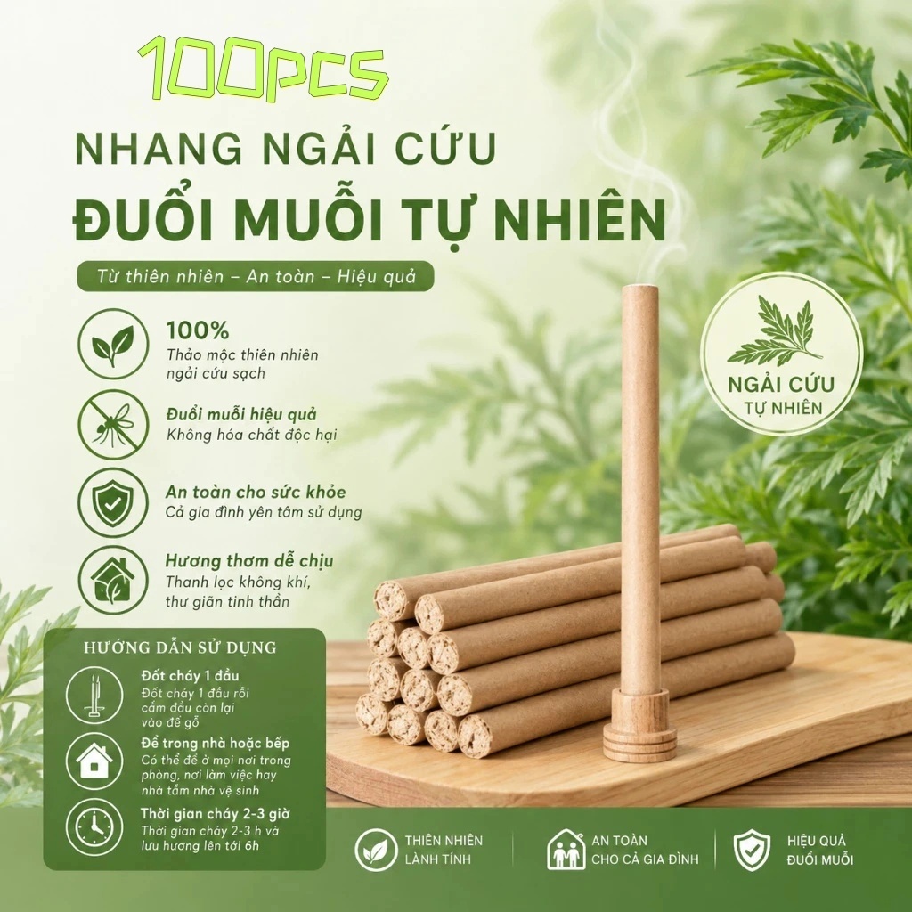 Combo 100 Thanh Nhang Ngải Cứu Thảo Mộc Đuổi Muỗi, Khử Mùi– Xông Phòng, Đuổi Muỗi, Thơm Dịu An Toàn 