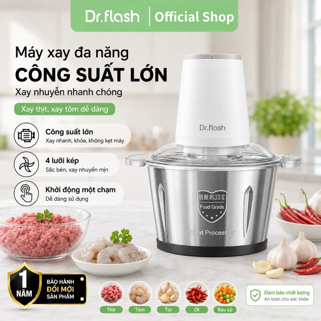 Drflash Máy Xay Thịt Thủy Tinh 2L Điện Đa Năng Xay Tỏi Rau Củ Nhà Bếp