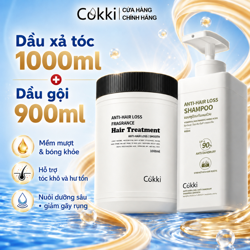 Dầu xả tóc hư tổn Cokki Repair 1.000ml-Contains Chiết xuất dừa, Keratin & Collagen, Giảm gãy rụng, Nhanh chóng Nuôi dưỡng tóc mịn màng, Chai lớn Tiết kiệm chi phí