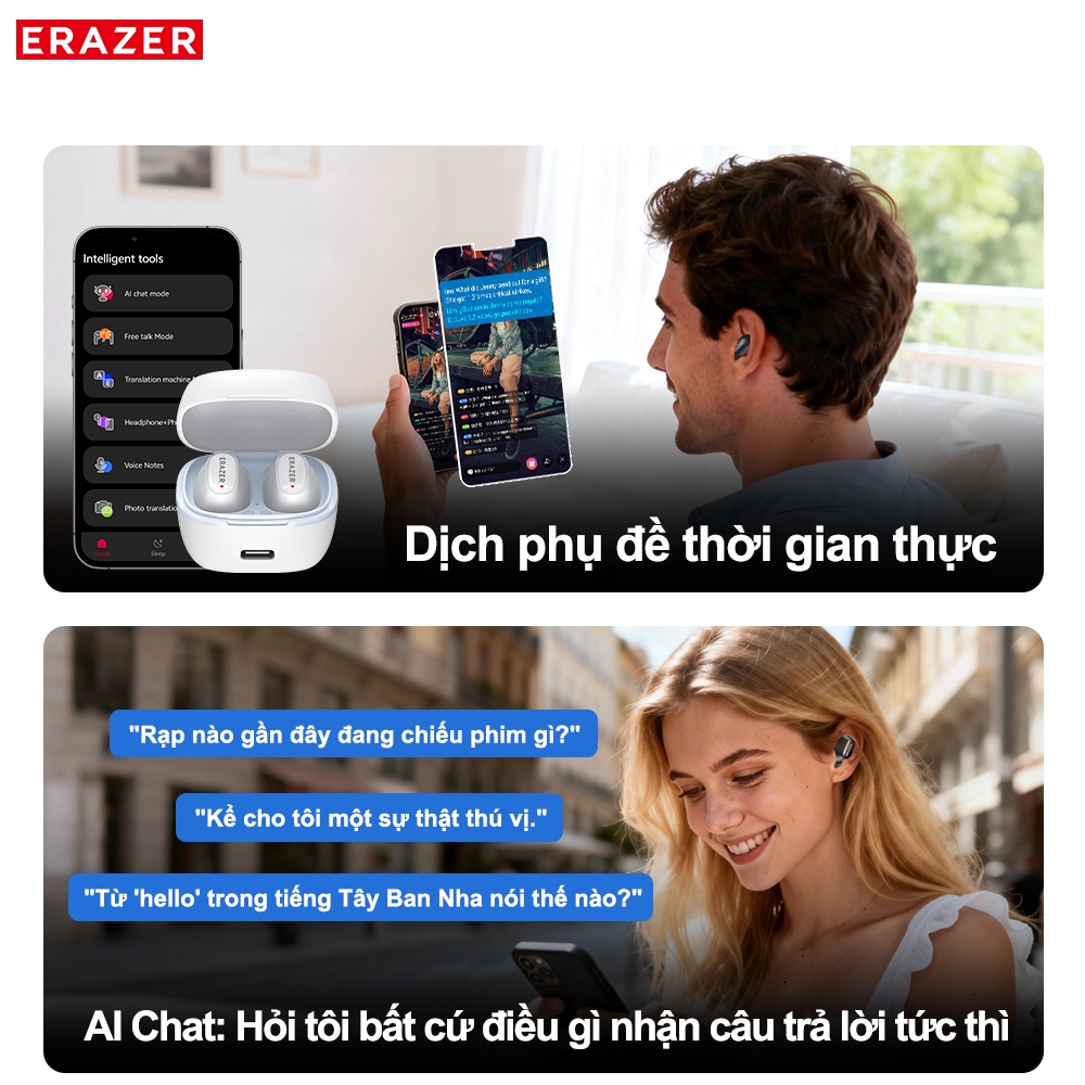 ERAZER XF65PRO Tai nghe phiên dịch AI Tai nghe Bluetooth 6.0 Hỗ trợ dịch 165 ngôn ngữ Tai nghe True Wireless Không gây áp lực lên Đàm thoại chuẩn Hi-Fi Độ trễ thấp Tích hợp micro kép | BigBuy360 - bigbuy360.vn