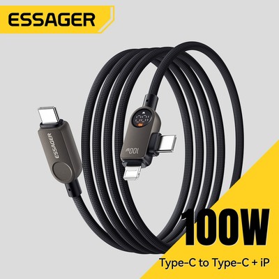 Essager C-C + L 100W Cáp dữ liệu hiển thị kỹ thuật số 2 trong 1 Cáp dữ liệu sạc nhanh cho ip