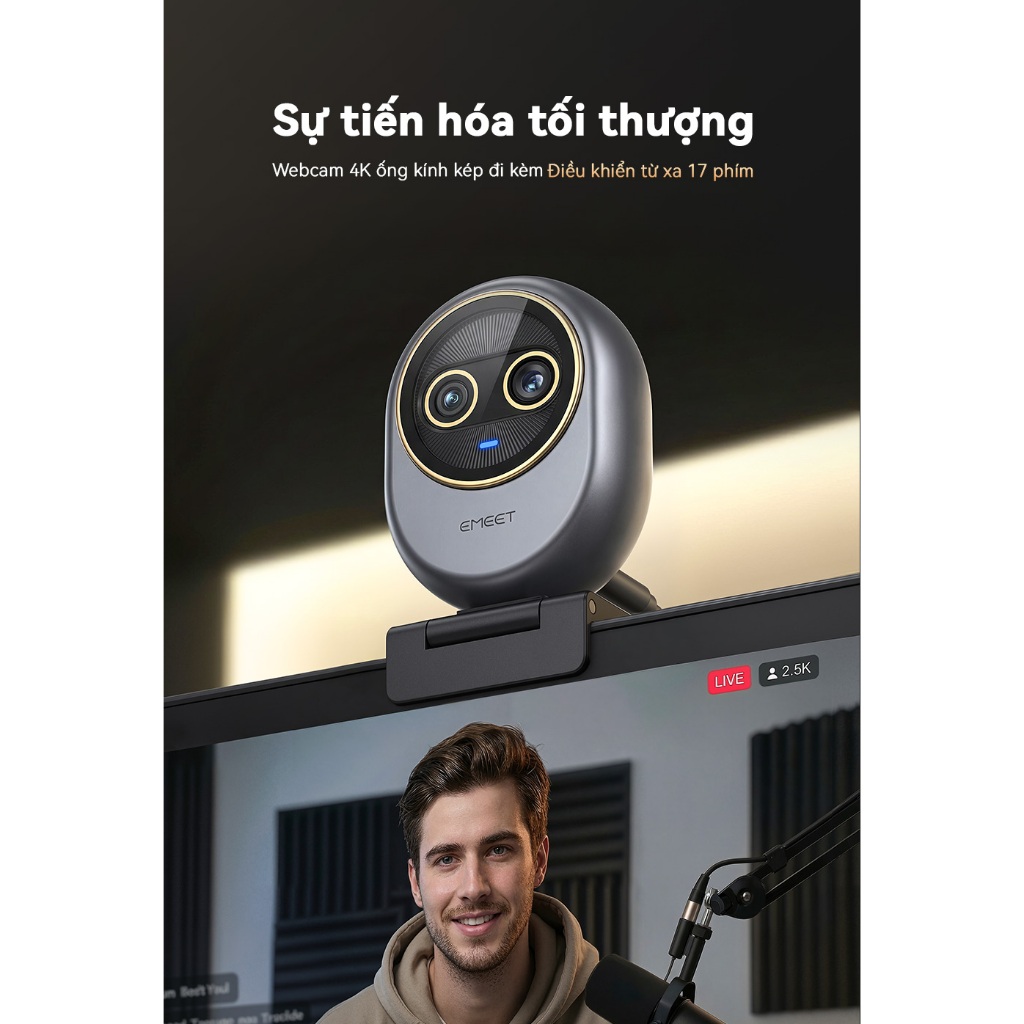 [Vận chuyển nội địa] Webcam EMEET Piko Dual 4K, ống kính kép góc rộng và tele, đi kèm điều khiển từ 