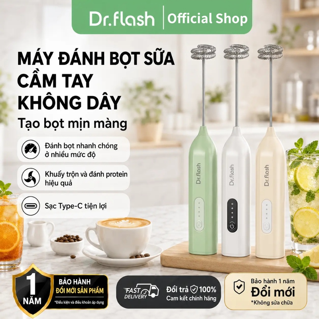 Drflash Máy Đánh Bọt Sữa Cầm Tay Không Dây 3 Tốc Độ Sạc Type-C Đánh Cafe Trứng Nhà Bếp