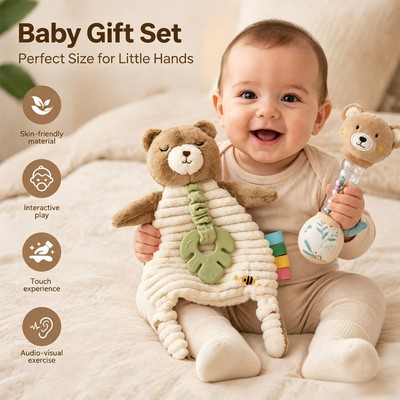 Bộ Baby Bear Lovey & Lục Lạc Mềm Mại Sang Trọng Có Lá Silicon & Thẻ Cảm Giác Bình Lắc Hạt Trong Suốt Cho 3 Tháng