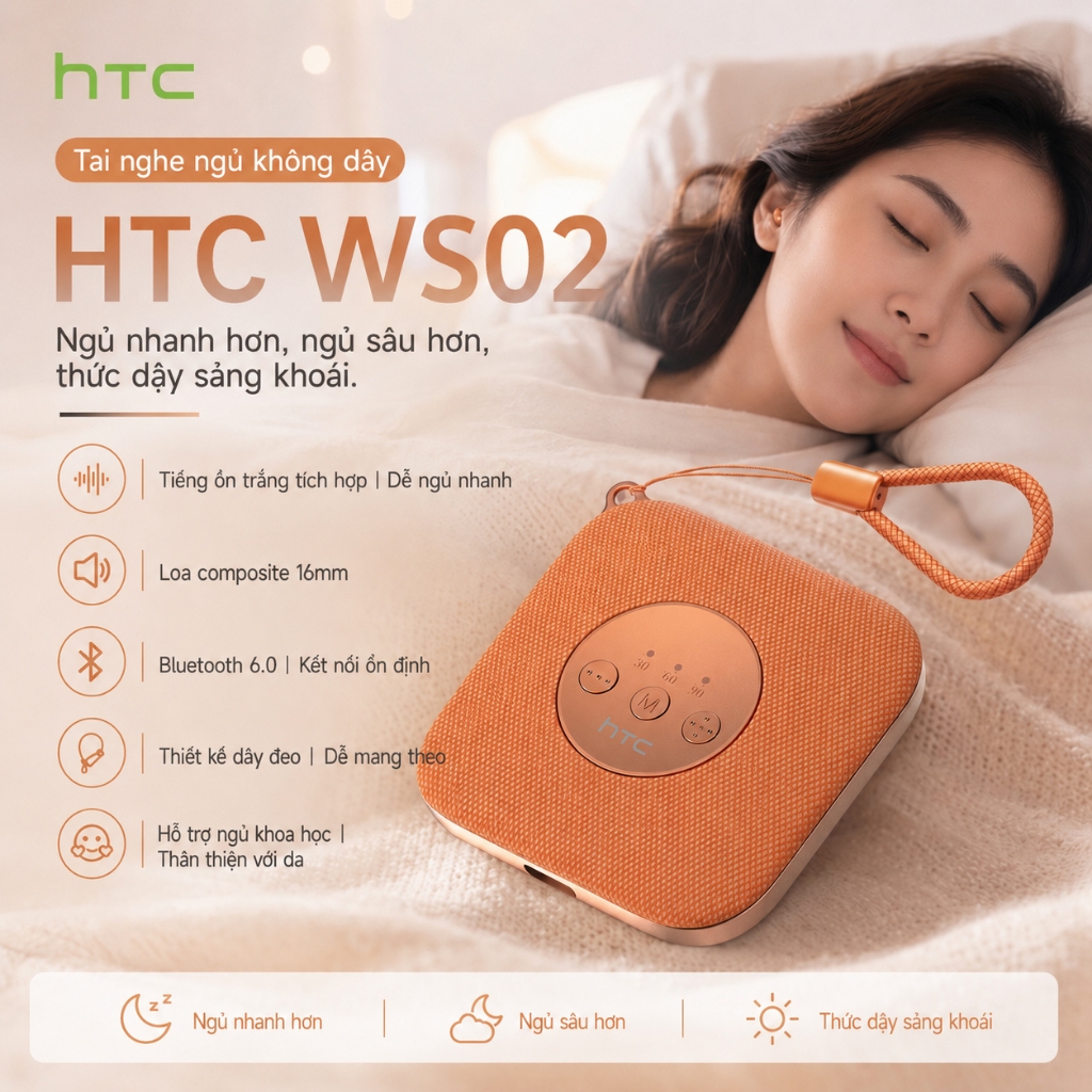 HTC WS02 Loa Bluetooth hỗ trợ giấc ngủ  Tích hợp âm thanh trắng white noise Bluetooth 6.0, củ loa composite 16mm âm thanh Hi-Fi thiết kế di động kèm dây đeo.