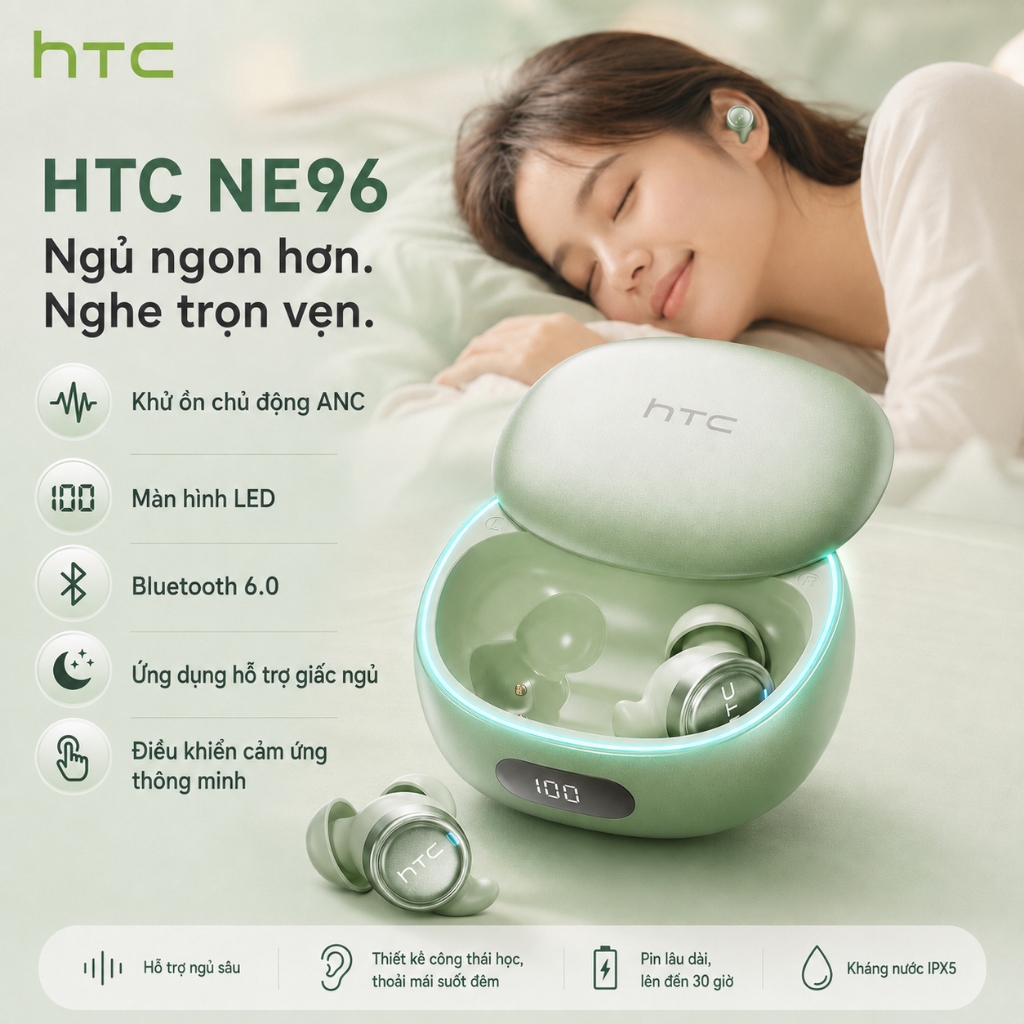 HTC NE96  Tai nghe chuyên dụng khi ngủ Thiết kế siêu mỏng, vừa vặn không gây áp lực; thời lượng pin dài; công nghệ chống ồn ANC; Bluetooth 6.0; ứng dụng phát tiếng ồn trắng hỗ trợ giấc ngủ. | BigBuy360 - bigbuy360.vn