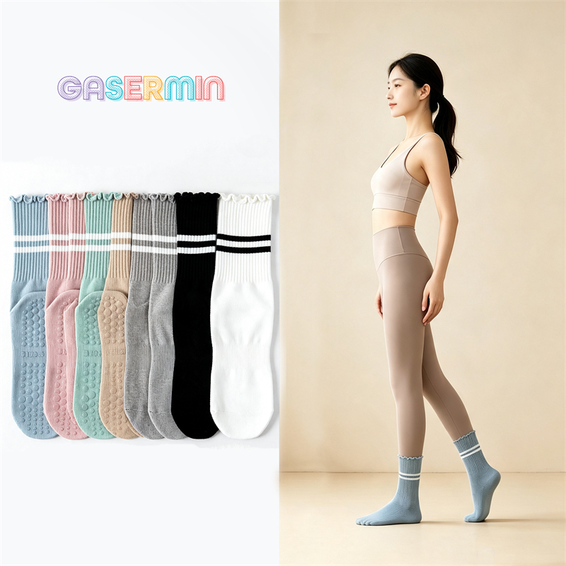 Chống Trơn Trượt Pilates Tất Nữ Sọc Ruffle Cuff Giữa Bắp Chân Tất Tập Yoga Chống Trượt Tập Gym Tất
