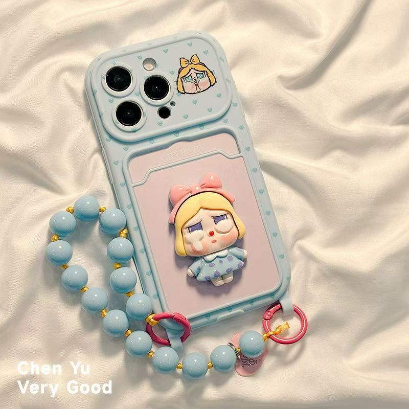 Ốp Lưng Crybaby Khe Thẻ Phía Sau Kèm Dây Đeo Cho iPhone 17 Pro Max 16 15 Pro Ốp Silicon Mềm Xanh Trờ