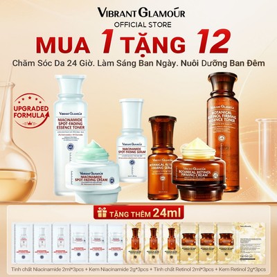 Bộ Skincare 6 Món Ngày & Đêm 2.0 VIBRANT GLAMOUR Niacinamide + Retinol Thực Vật | Ban Ngày Dưỡng Trắng Mờ Nám Không Tái Sạm - Ban Đêm Phục Hồi, Bổ Sung Collagen Giúp Mờ 5 Loại Nếp Nhăn
