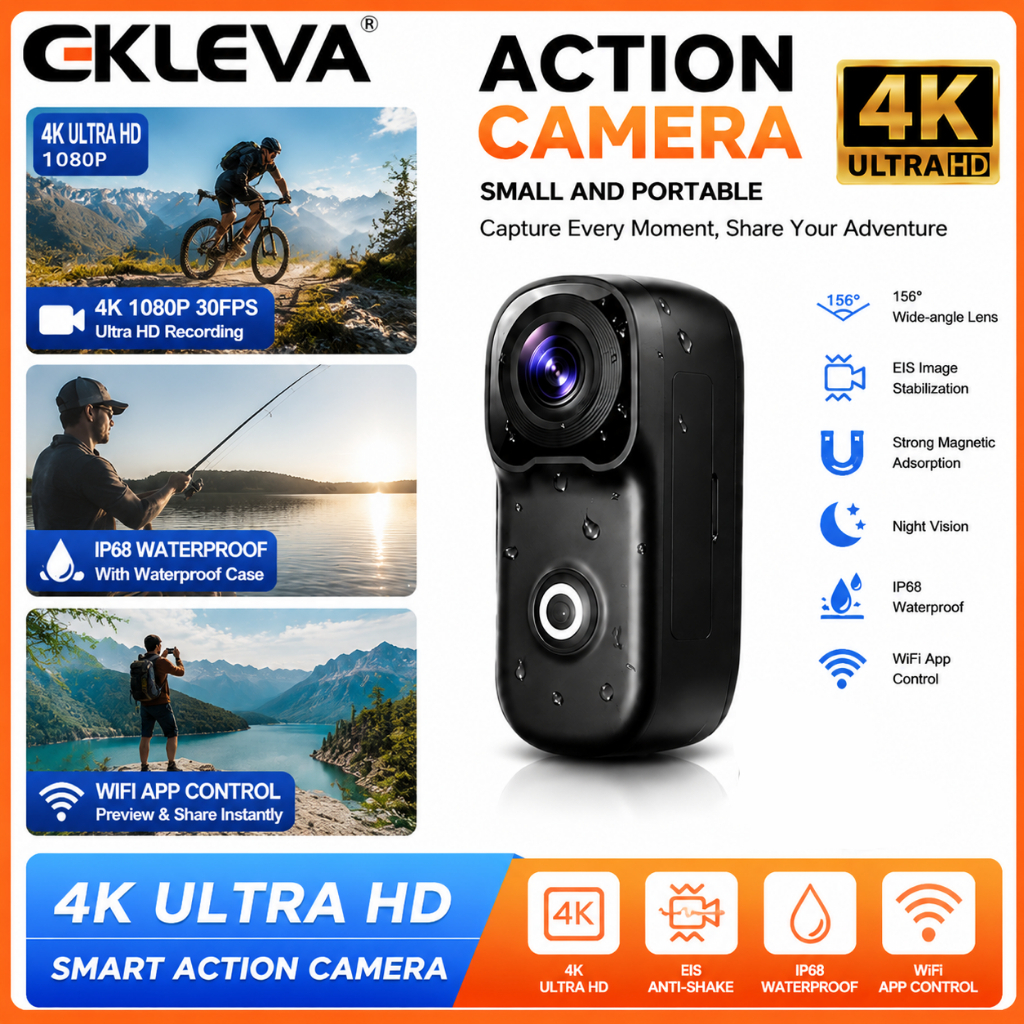 Camera hành động EKLEVA Mini 4K IP68 Camera thể thao chống nước EIS Chống rung Điều khiển ứng dụng W
