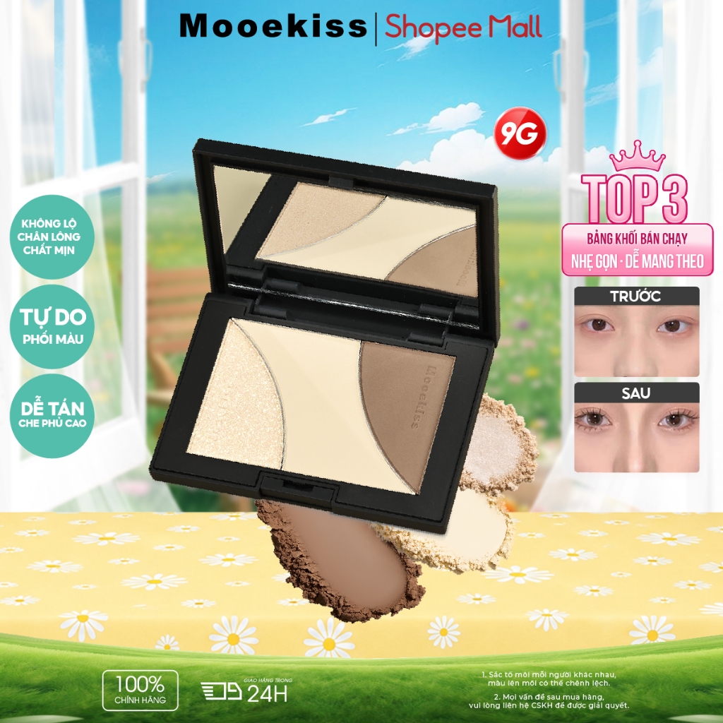 Bảng Tạo Khối Mooekiss 3 Màu 9g, Contour & Highlight, Dễ Tán, Tự Nhiên, Lâu Trôi
