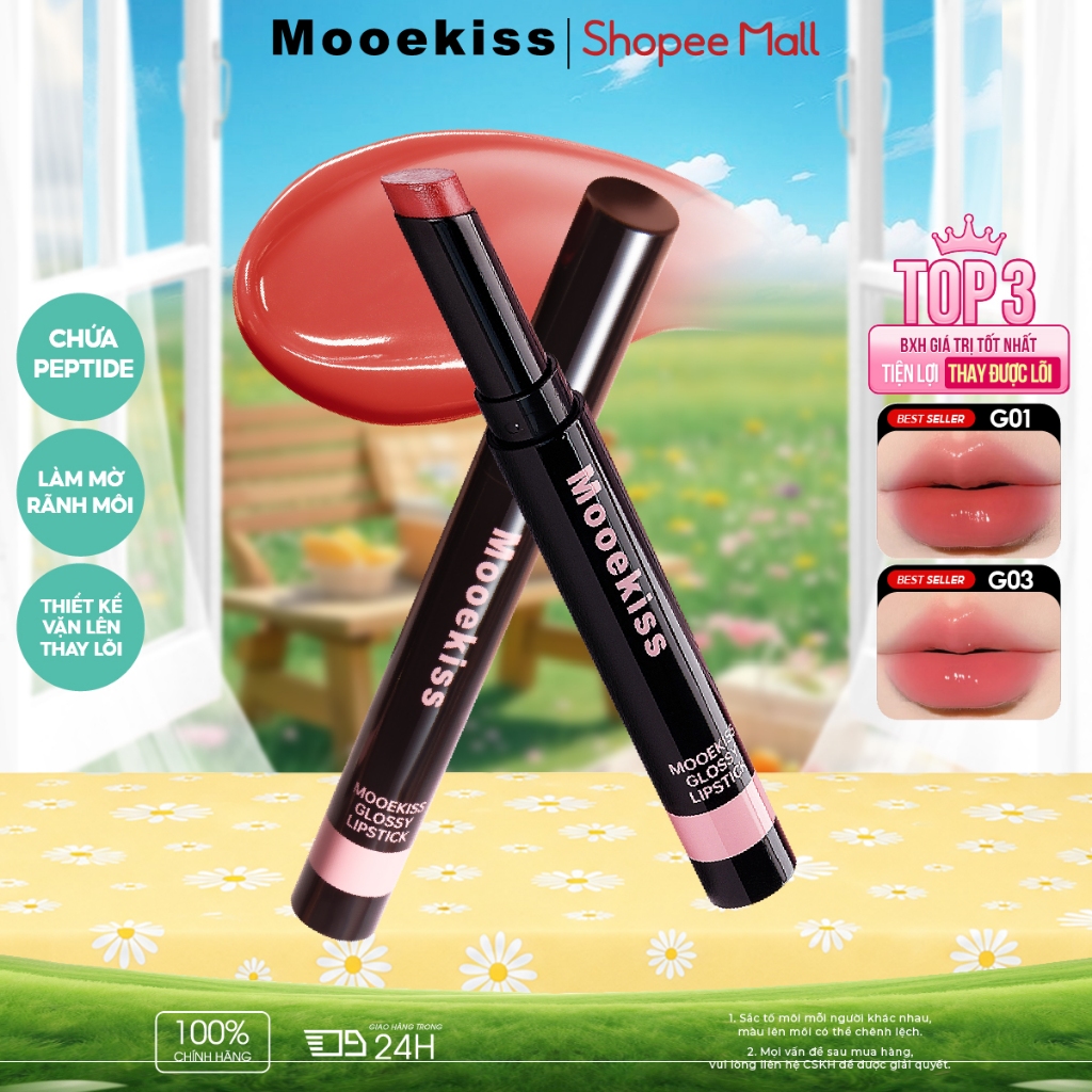 Son Mooekiss 2 Đầu Lì & Bóng 2.2g, Dưỡng Ẩm, Căng Bóng Môi, Lâu Trôi, Thiết Kế Tiện Lợi