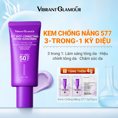 Kem Chống Nắng Có Màu 577 VIBRANT GLAMOUR SPF50+ PA+++ 50g Siêu Che Khuyết Điểm, Một Thoa Sáng Da Ngay, Hỗ Trợ Mờ Đốm Nâu Thâm Nám, Chống Tia UV Phổ Rộng, Dưỡng Da Phù Hợp Da Nhạy Cảm