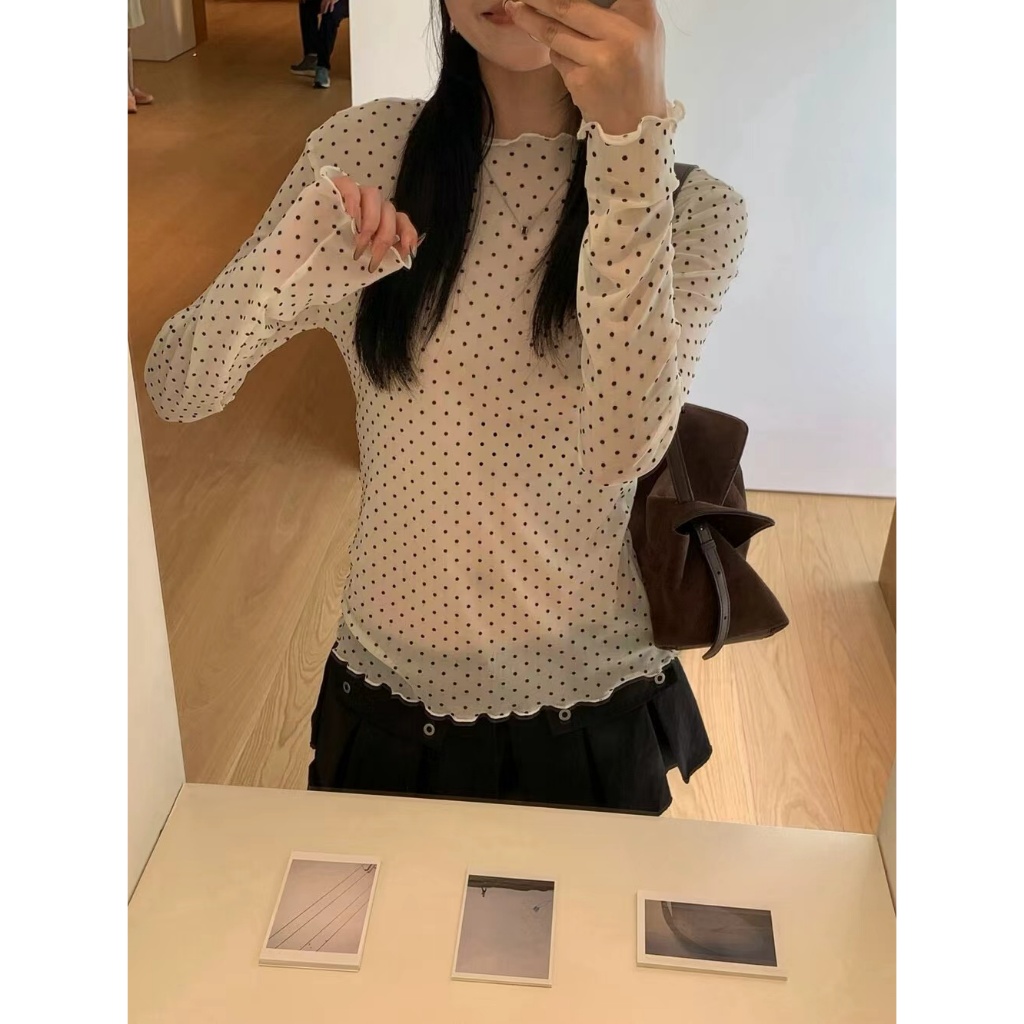 Áo thun chấm bi đơn giản Hàn Quốc cho mùa thu, cổ tròn có còng dành cho nữ thanh lịch Slim Fit Basic Top6624