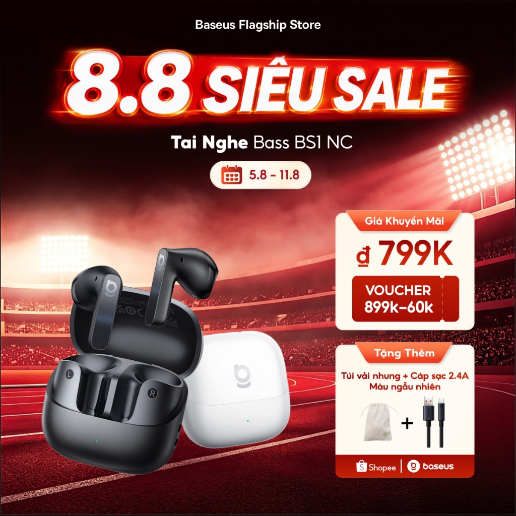 Tai Nghe Baseus BS1 NC Chuẩn Studio Bluetooth 6.0 Gấp Đôi Bass – Chống Nước, Pin 40 Giờ, Nghe Cực Phê, Gọi Cực Đã Với 6 Mic Lọc Ồn Đỉnh