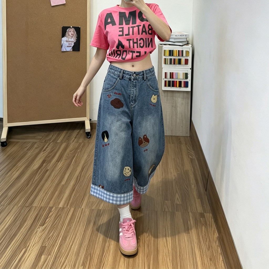 【Indigo】 Quần Short Bò Thêu Hình Con Chó Con Làm Cũ Quần Ống Rộng ỐNg RộNg