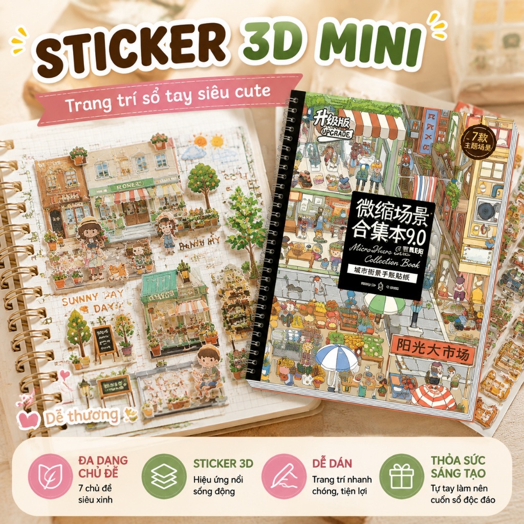 Sticker 3D Trang Trí Sổ Tay DIY Cảnh Mini Dễ Thương Decal Dán Nhật Ký Bullet Journal Độc Đáo