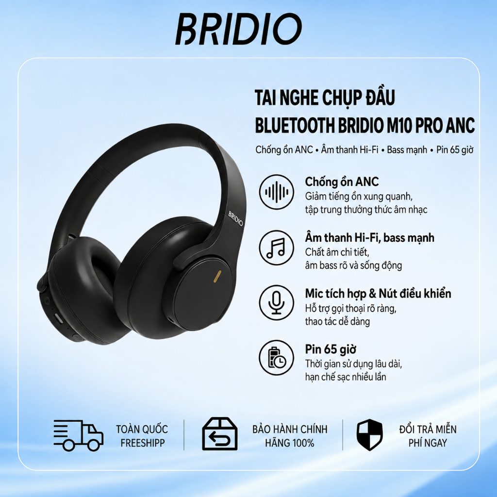 Tai Nghe Bluetooth BRIDIO M10 Pro ANC Chụp Tai Giảm Tiếng Ồn Âm Thanh HIFI…