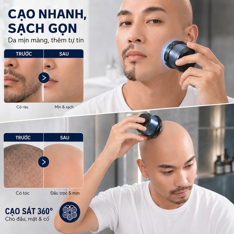 Máy cạo râu đầu hói nổi 6 đầu, Máy cạo râu điện đa chức năng cho nam, chống nước, có thể sạc lại USB Type-C, Màn hình LED, sử dụng ướt & khô
