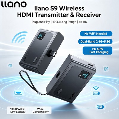 Bộ phát và thu HDMI không dây USB-C llano S9 (S850 Ultra), 100M | Giải mã 4K 1080P @ 60Hz 4K @ 30Hz Đầu ra Full HD, Plug & Play 5.8G + 2.4G và Âm thanh cho điện thoại / Máy tính bảng / Laptop / PC sang