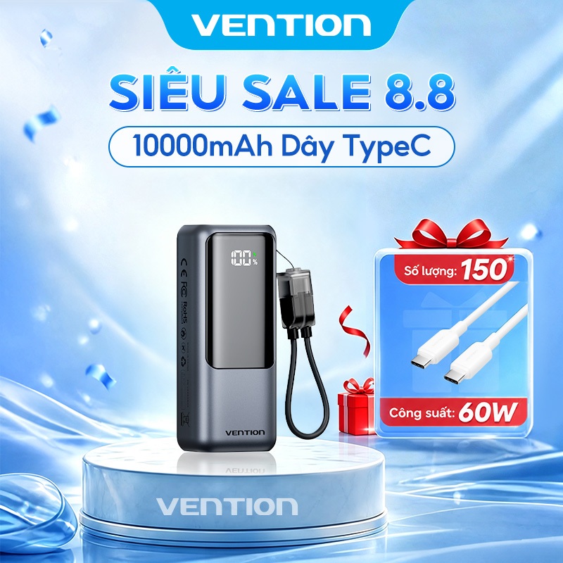 【Hàng mới 2026】Vention Sạc dự phòng 10000mAh có dây đeo và cáp Type-C tích hợp sạc nhanh 22.5W hoàn hảo cho du lịch bảo hành chính hãng Dùng được cho IPhone, Samsung, Xiaomi, Vivo, OPPO.