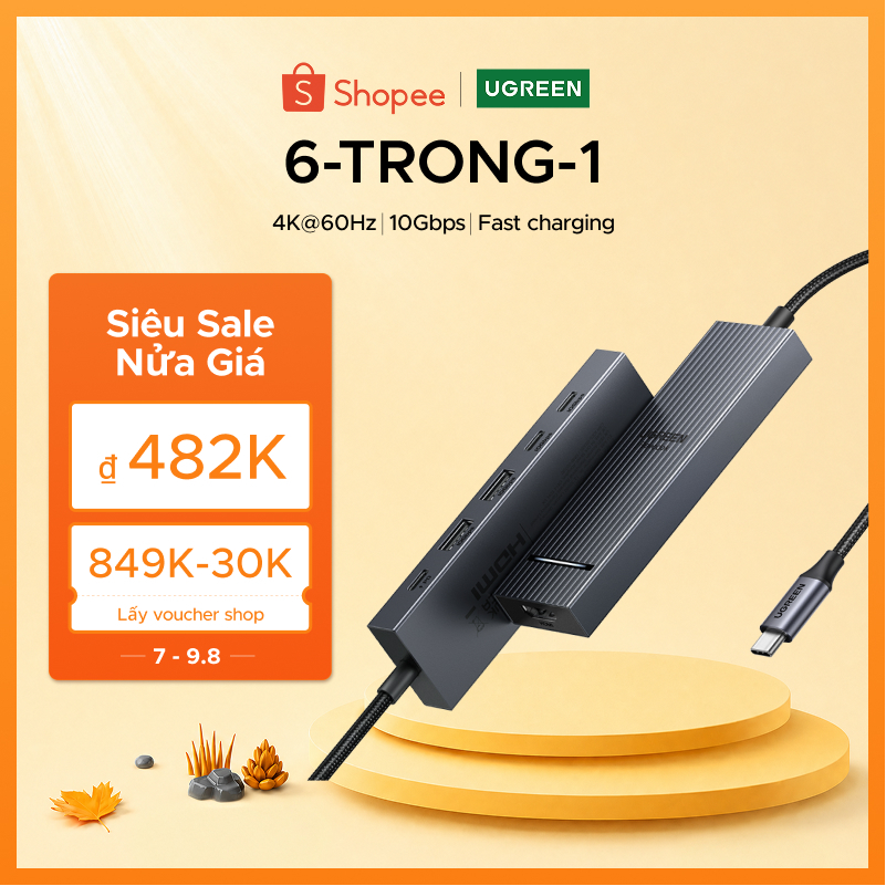 Ugreen 4K60hz 6-IN-1USB-C Trạm Docking đa chức năng USB3.2 Gen2 10Gbps cho iPad Air M2 11 "13 '' 202