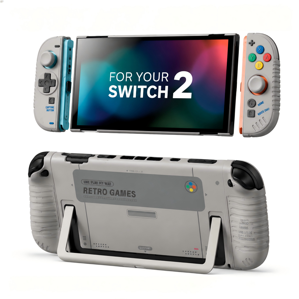 Vỏ bảo vệ toàn diện IINE Retro có chân đế Miếng dán cho Nintendo Switch 2 Vỏ cứng có thể gắn được