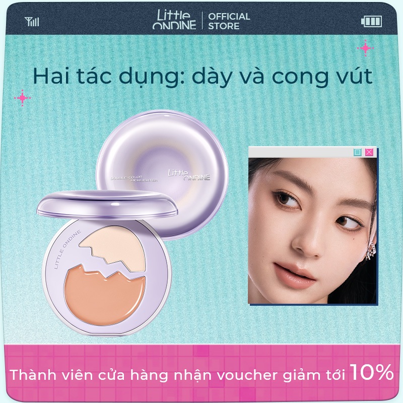 Little Ondine Phấn Bắt Sáng & Tạo Khối Hai Ô - Kem đánh sáng da mặt, không gây mụn, Ảnh dự tiệc có sẵn, Di động nhỏ gọn