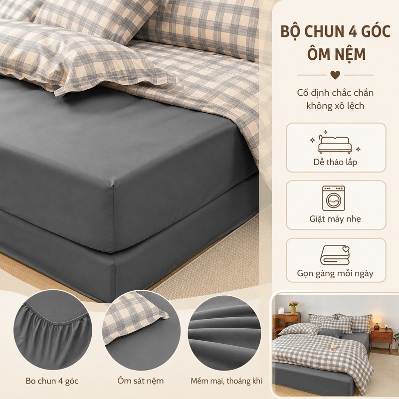 VN-2 Store Ga trải giường Bộ 4 mảnh Trái tim kẻ sọc (8 màu) Kẻ sọc xám vải lanh