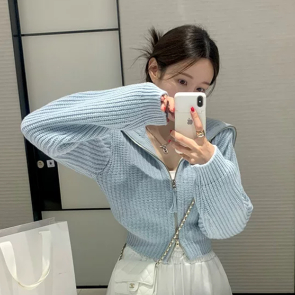 NZN Áo len nữ ngắn cổ lật kéo kép tay dài dệt sọc mềm mại style Hàn Quốc cardigan len crop top đi là