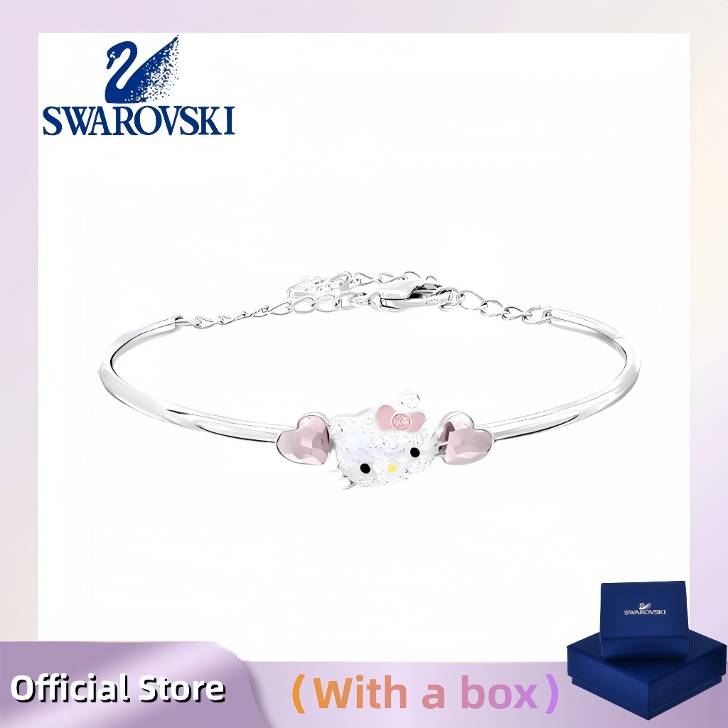 Trang sức bạc S925 (có hộp) Swarovski Hello Kitty quyến rũ hình trái tim với các yếu tố và vòng tay 