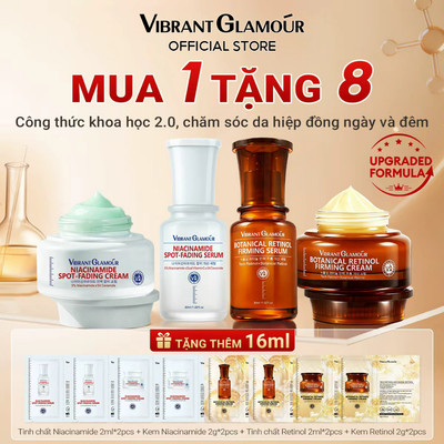 Bộ Skincare 4 Món Ngày & Đêm 2.0 VIBRANT GLAMOUR Niacinamide + Retinol Thực Vật | Ban Ngày Dưỡng Trắng Mờ Nám Không Tái Sạm - Ban Đêm Phục Hồi, Bổ Sung Collagen Giúp Mờ 5 Loại Nếp Nhăn