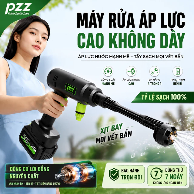 Máy Rửa Xe Cao Áp Không Dây PZZ Cầm Tay Công Suất Lớn, Pin Trâu Sạc Lại, Tăng Áp Mạnh, Rửa Xe Ô Tô & Vệ Sinh Nhà Cửa, Sân Vườn, 806