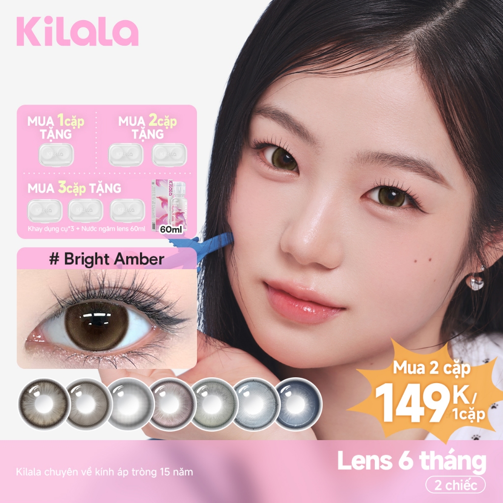 Kính áp tròng Kilala màu nâu CozyHazel/BrightAmber/MysticGrey/RosyPink  lens cận 6 tháng DIA 14.2mm 