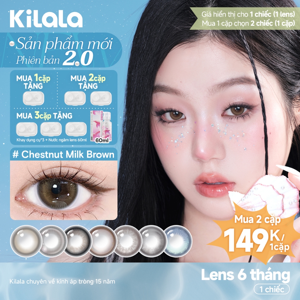 Kính áp tròng màu Kilala - Nâu Chestnut Milk Brown/ Xám Lychee Grey/ Xanh Pandora Blue lens cận 6 th