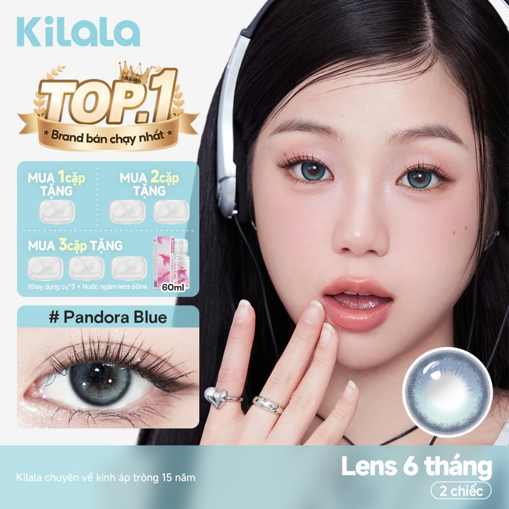 Kính áp tròng Kilala màu lam Pandora Blue lens cận 6 tháng DIA 14.2mm có độ (0-8) 1 cặp