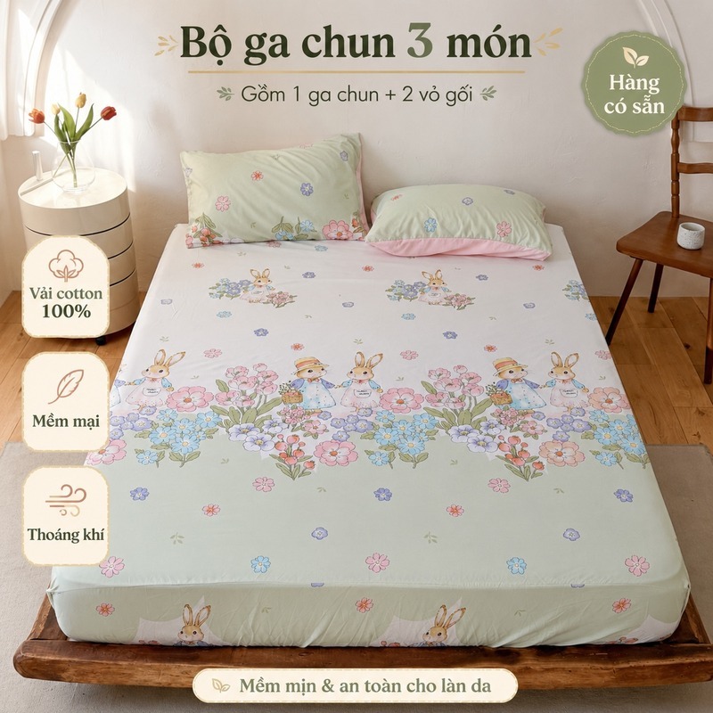 VN-2 Shop Ga Trải Giường Bộ 3 Món Thỏ Hoạt Hình Nơ Gấu Bướm (7 Màu) Annie Baby