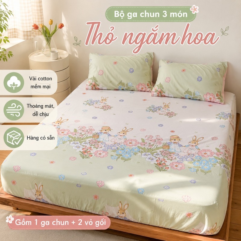 VN-3 Store Ga Trải Giường Bộ 3 Món Thỏ Hoạt Hình Nơ Gấu Bướm (7 Màu) Annie Baby