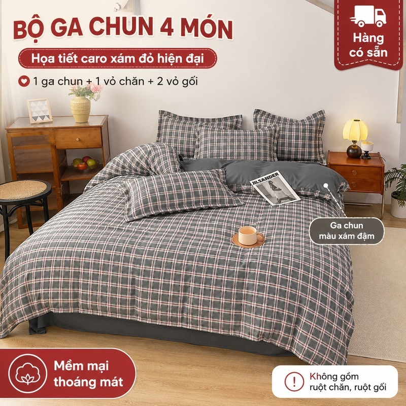 Bộ ga trải giường VN-3 Store 4 mảnh Trái tim kẻ sọc (8 màu) Kẻ sọc xám khói