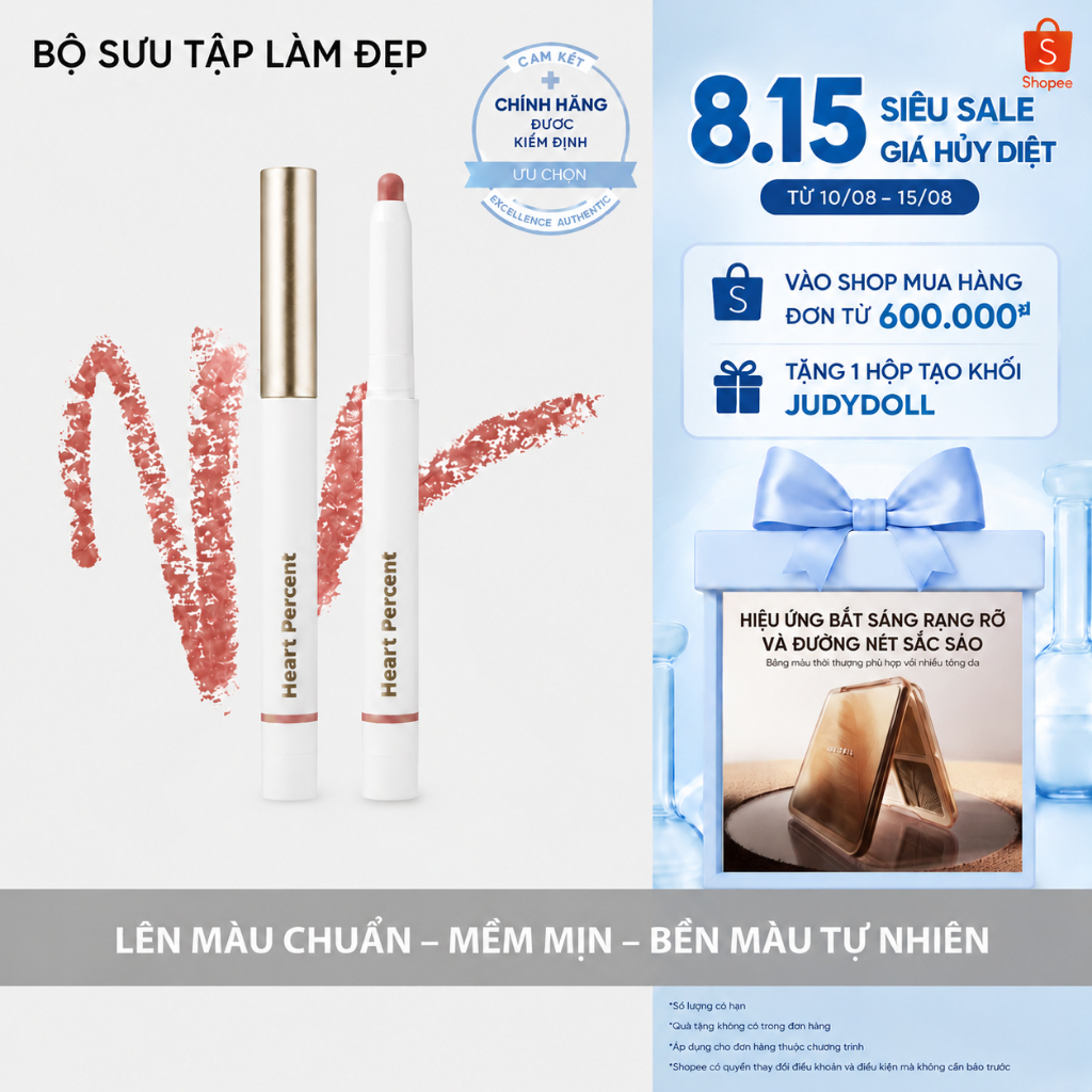Chì Kẻ Viền Môi Heart Percent 06 Rose Beige 20 Salmon Beige Tạo Nền Môi Mịn Định Hình Viền Môi Đẹp