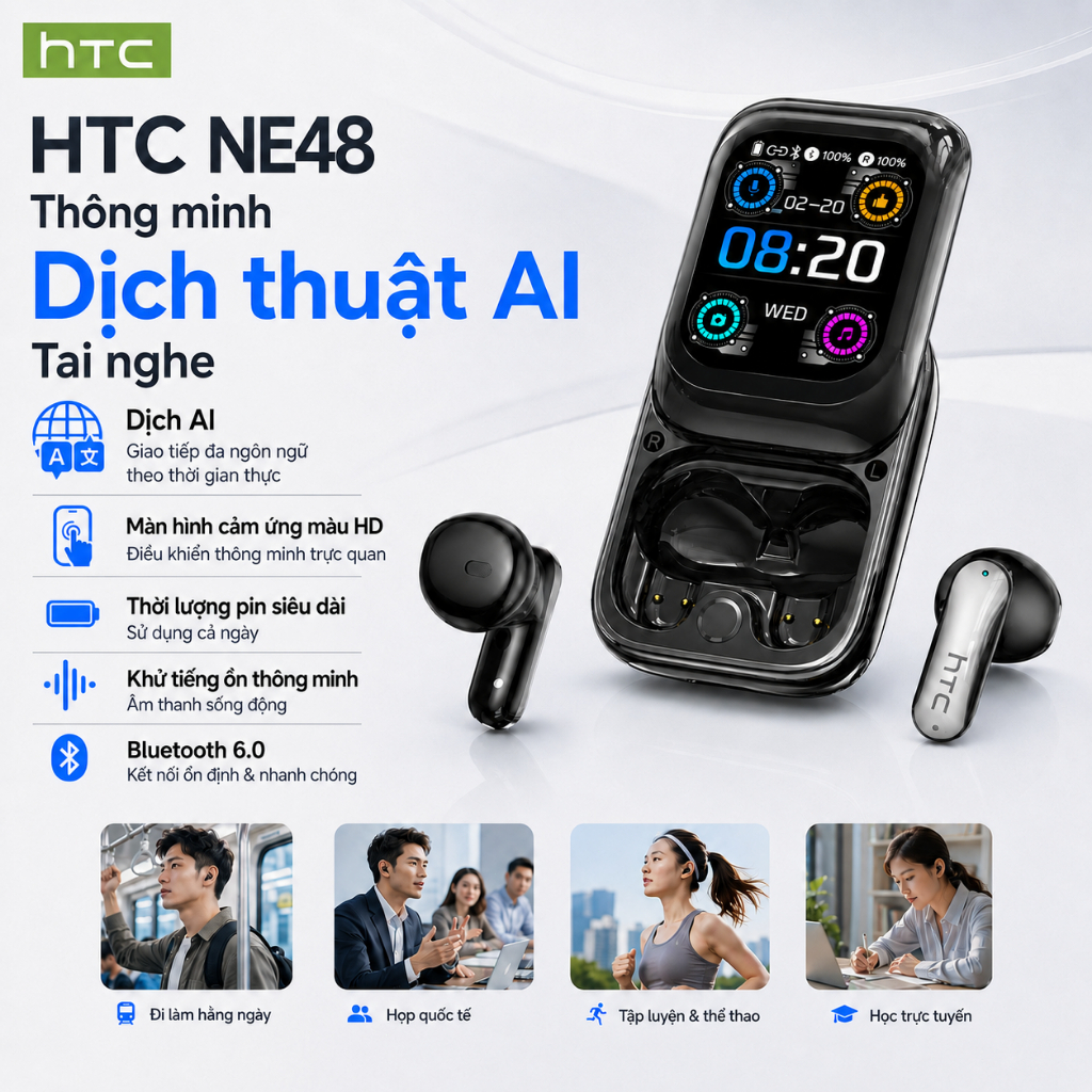 HTC NE48 Tai nghe Bluetooth Dịch Thuật AI Màn Hình Cảm Ứng  màn hình cảm ứng dịch thuật AI 134 ngôn 