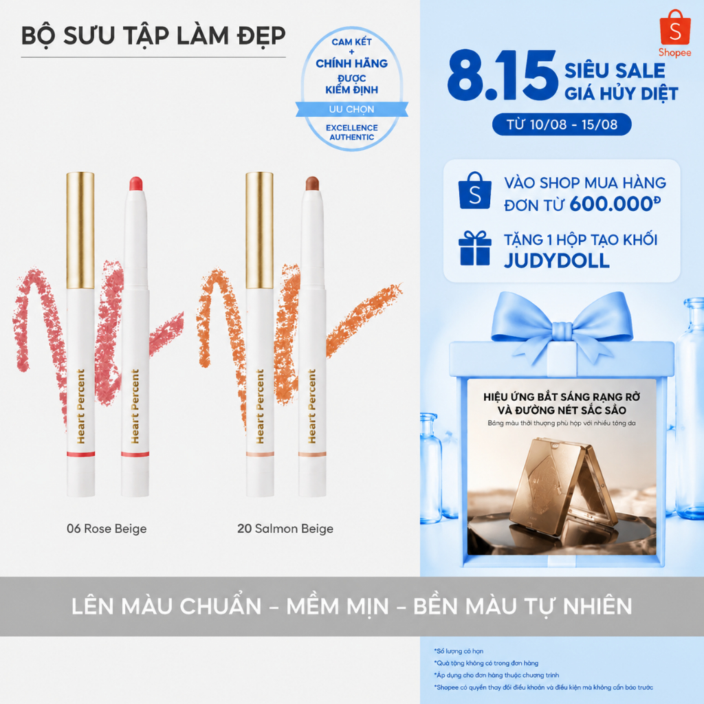 Heart Percent Lip Pencil 06 Rose Beige 20 Salmon Beige Over Lip Liner cho Fuller Lips, Màu khỏa thân